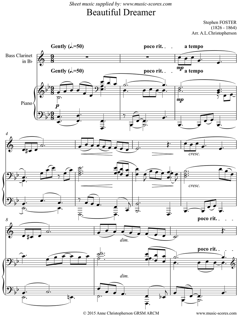 Front page of Beautiful Dreamer: Bass Clarinet sheet music