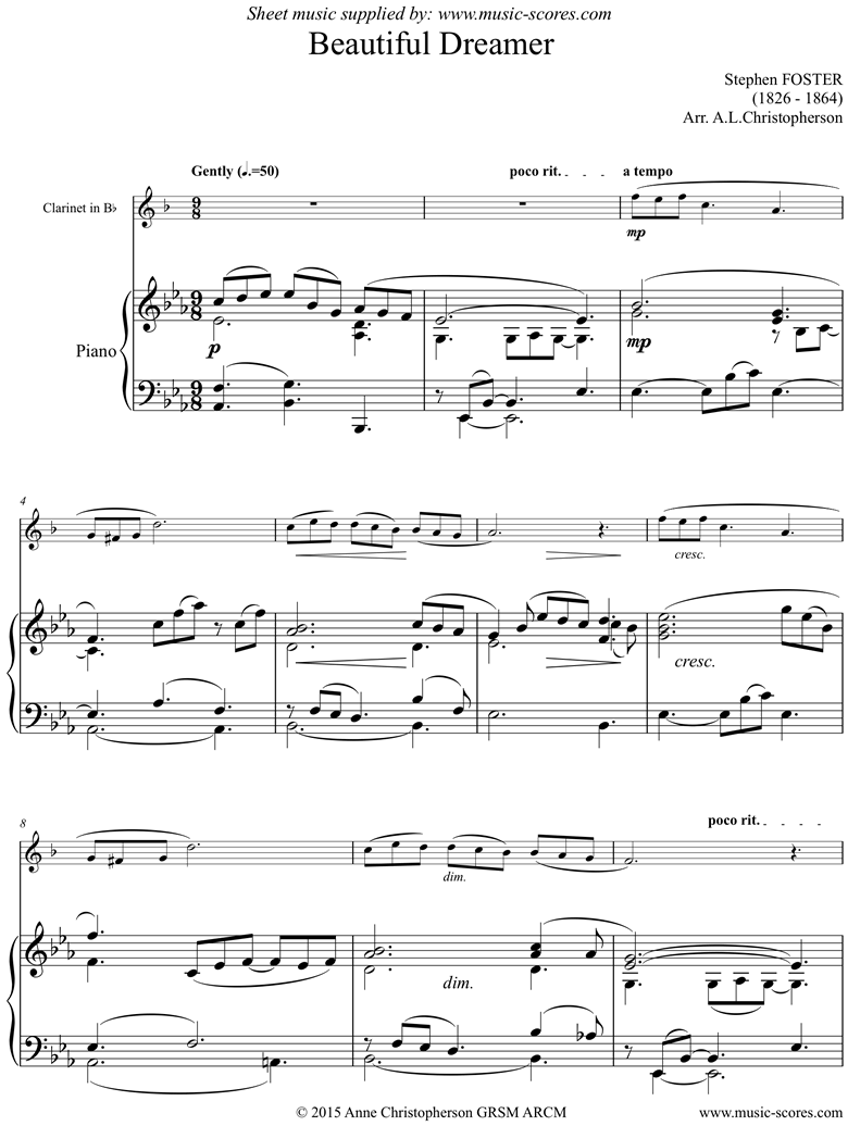 Front page of Beautiful Dreamer: Clarinet sheet music