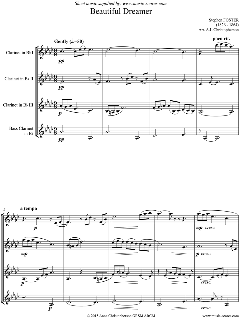 Front page of Beautiful Dreamer: Clarinet Quartet sheet music