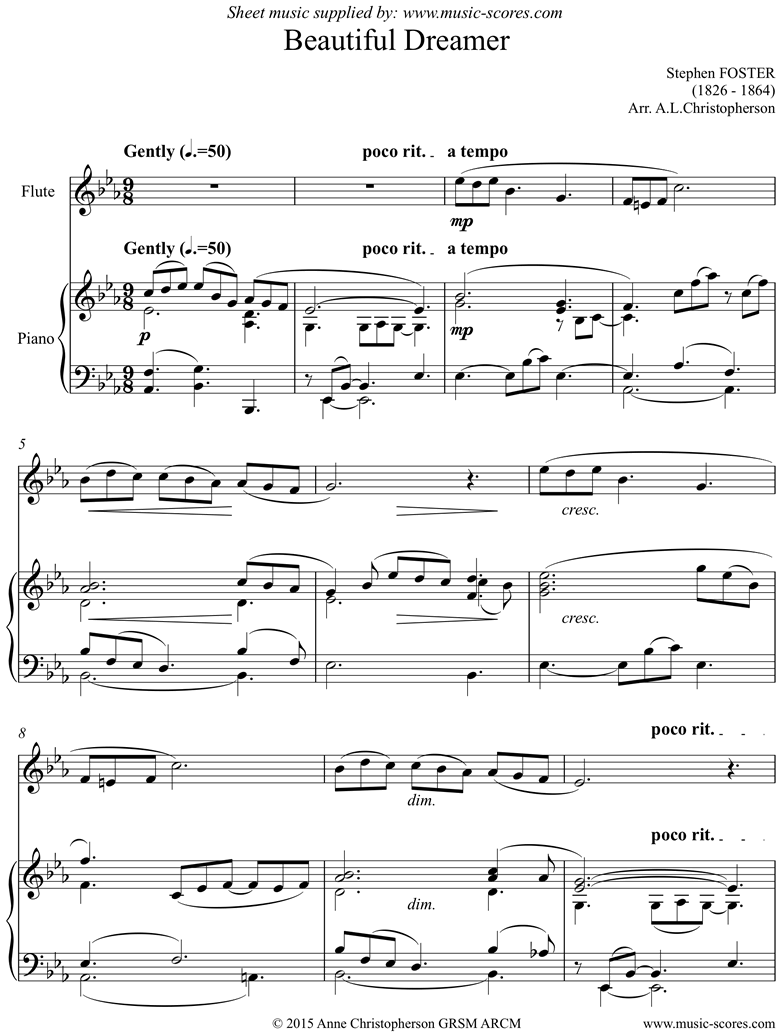 Front page of Beautiful Dreamer: Flute sheet music