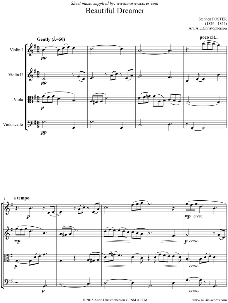Front page of Beautiful Dreamer: String Quartet sheet music