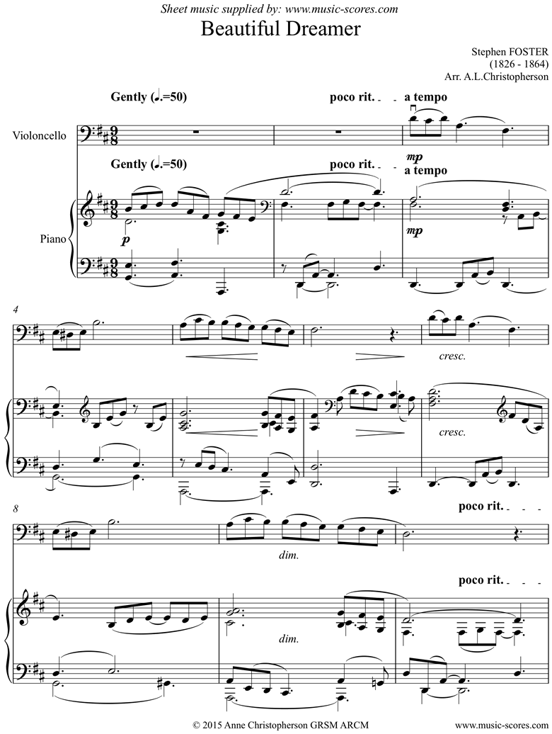 Front page of Beautiful Dreamer: Cello sheet music