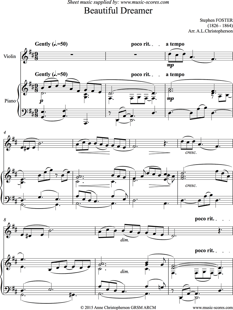Front page of Beautiful Dreamer: Violin sheet music