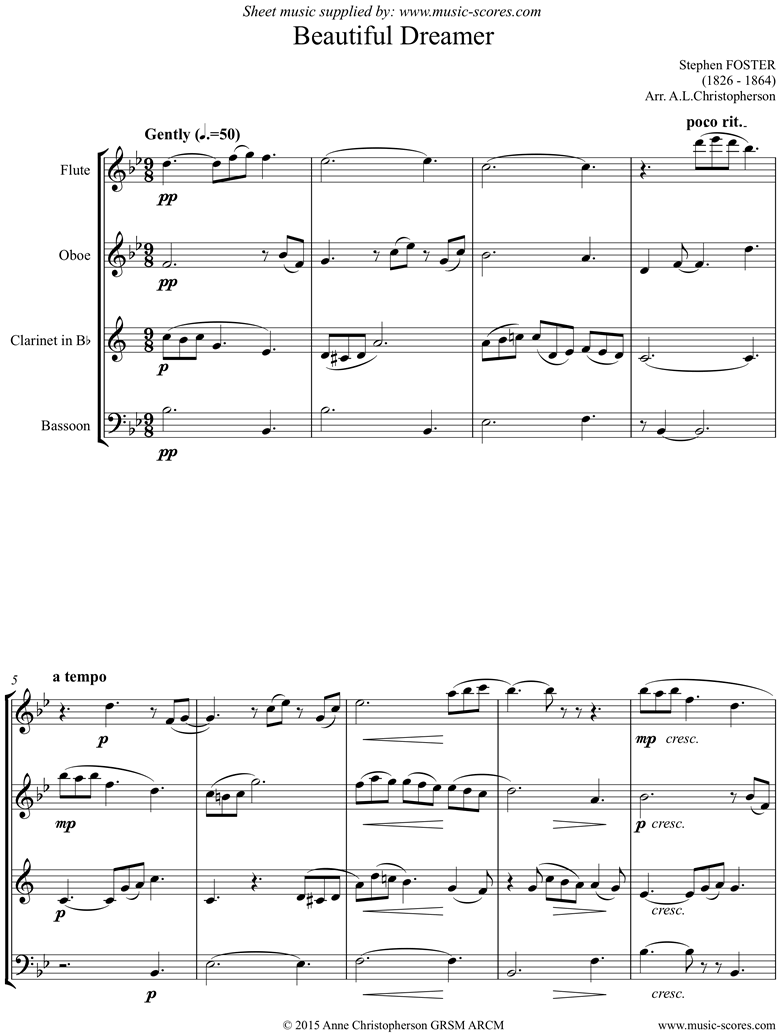 Front page of Beautiful Dreamer: Wind Quartet sheet music