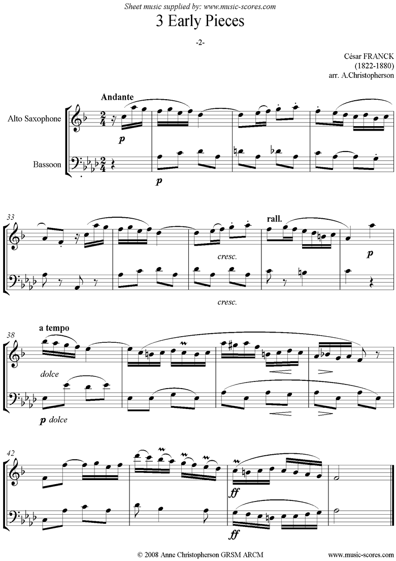 Front page of 3 Early Pieces: No.2: Alto Sax and Bassoon sheet music