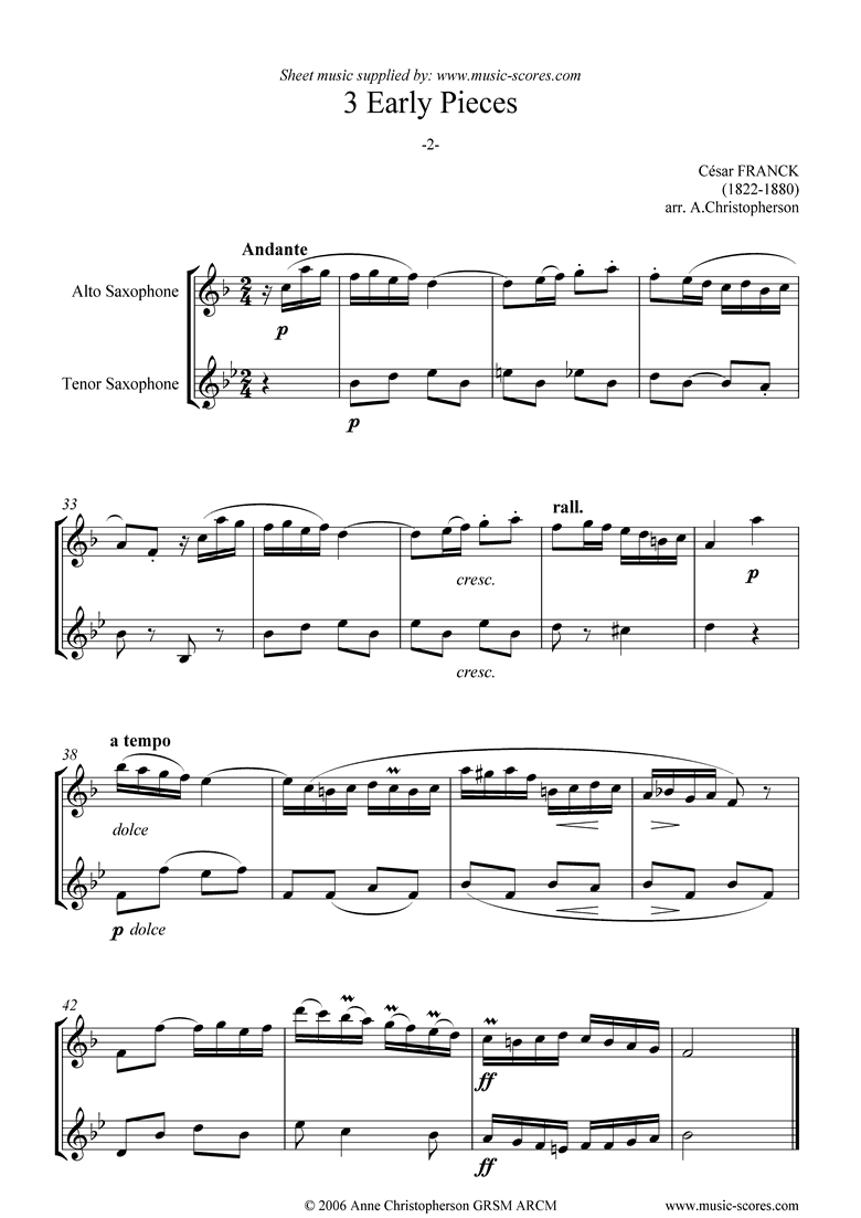 Front page of 3 Early Pieces: No.2: Alto and Tenor Sax sheet music
