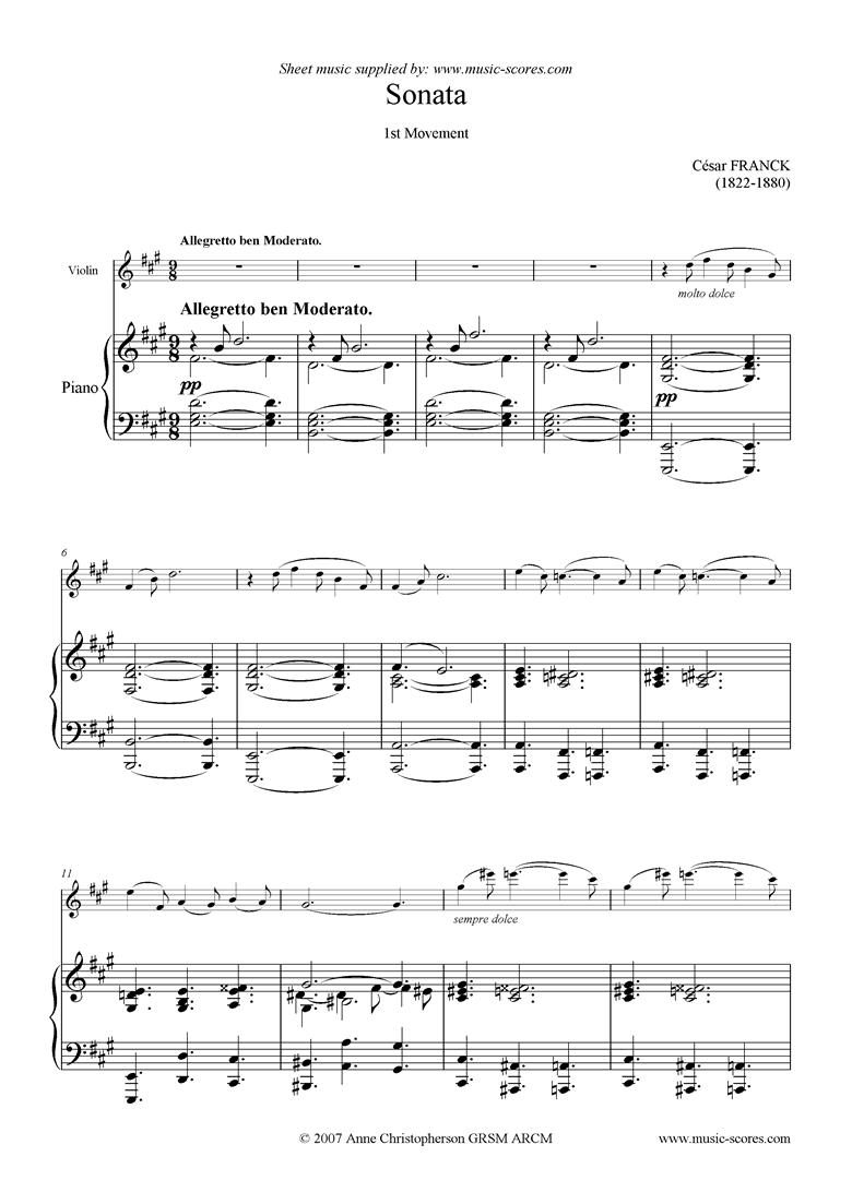 Front page of Violin Sonata: 1st movement: Allegretto moderato sheet music