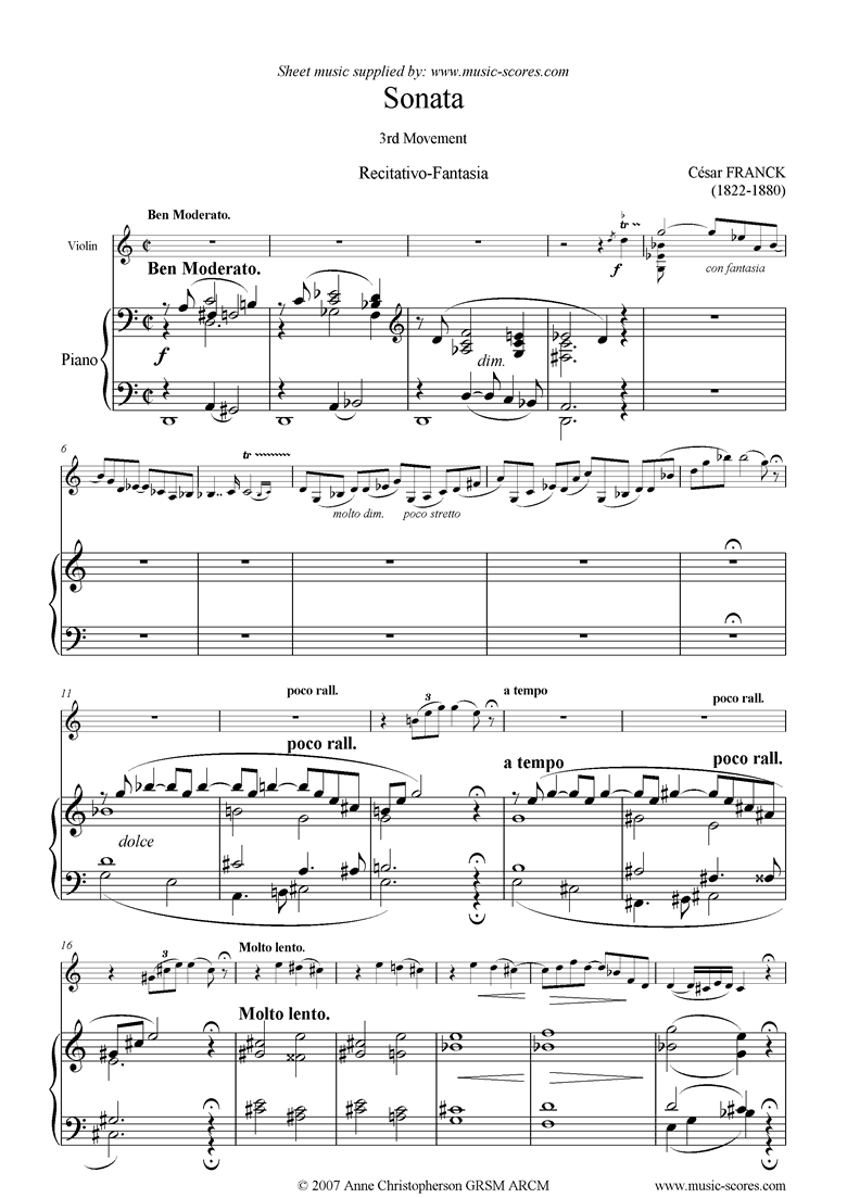 Franck. Violin Sonata 3rd Ben moderato classical sheet music