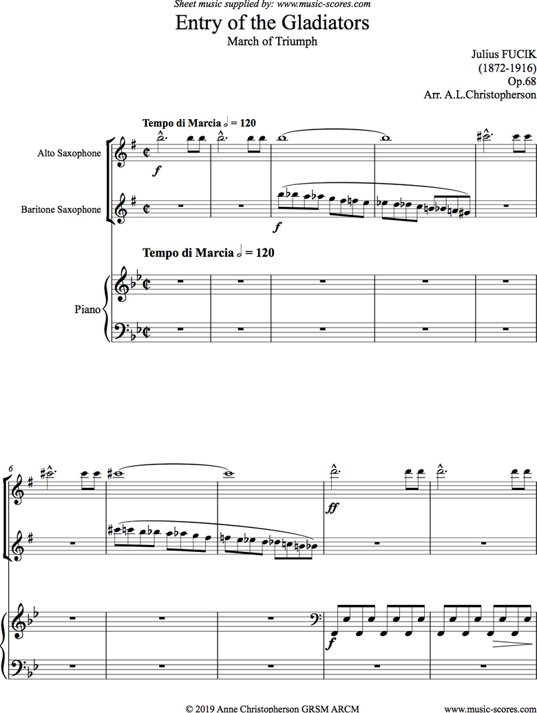 Front page of Entry of the Gladiators: Alto Sax, Baritone Sax, Piano sheet music