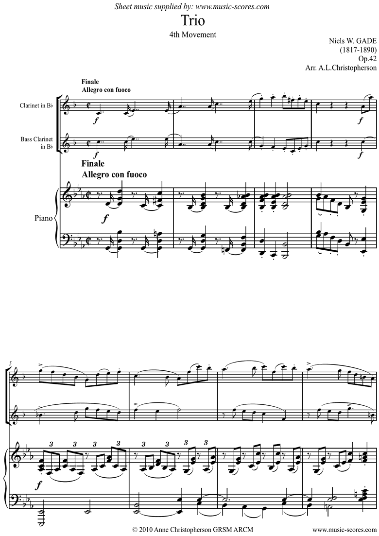 Op.42: Piano Trio: 4th mt: Clari, Bass Clari, Pno by Gade