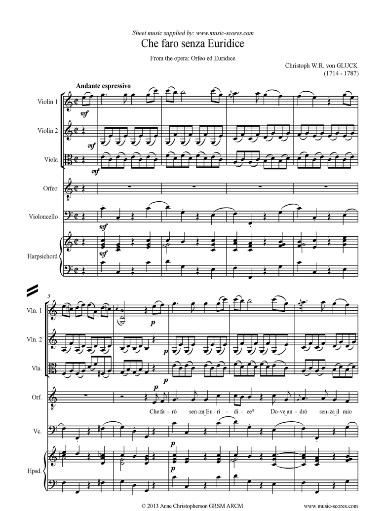 Front page of Orfeo ed Euredice: Che Faro Senza Euridice: Mixed ensemble sheet music