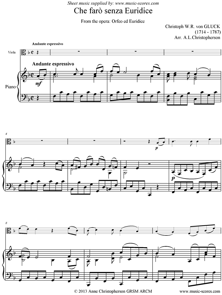 Front page of Orfeo ed Euredice: Che Faro Senza Euridice: Viola and Piano, harder sheet music
