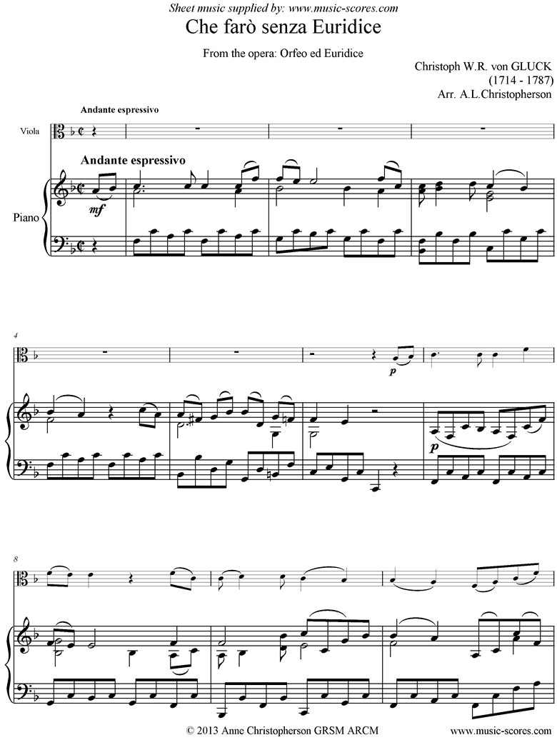 Front page of Orfeo ed Euredice: Che Faro Senza Euridice: Viola and Piano, easier sheet music