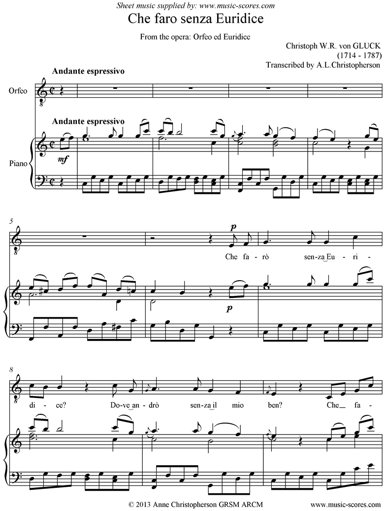 Front page of Orfeo ed Euredice: Che Faro Senza Euridice: Voice and Piano sheet music