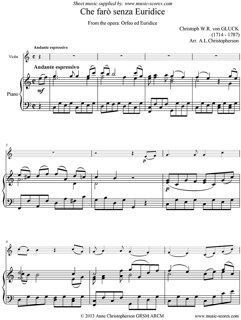 Front page of Orfeo ed Euredice: Che Faro Senza Euridice: Violin and Piano, harder sheet music