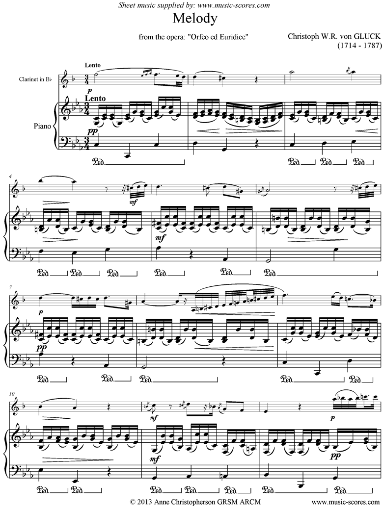 Front page of Orfeo ed Euredice: Melody: Clarinet, lower sheet music