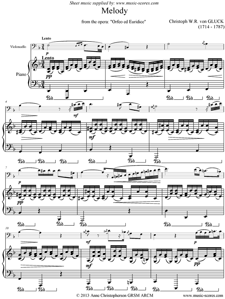 Front page of Orfeo ed Euredice: Melody: Cello, lower sheet music