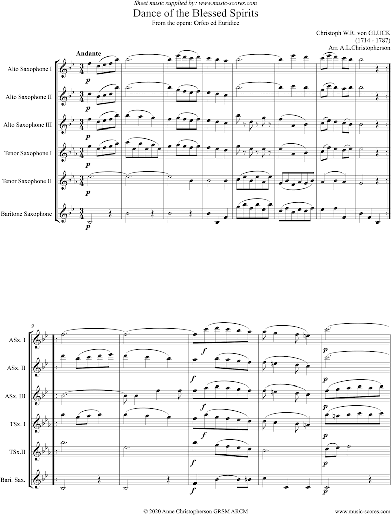Orfeo ed Euredice: Dance of the Blessed Spirits: 3 Altos, 2 Tenors, Bari Saxes by Gluck