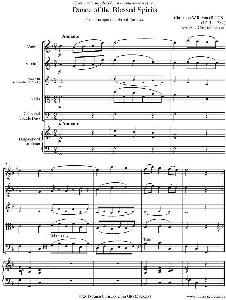 Front page of Orfeo ed Euredice: Dance of the Blessed Spirits: Strings and Harpsichord. sheet music