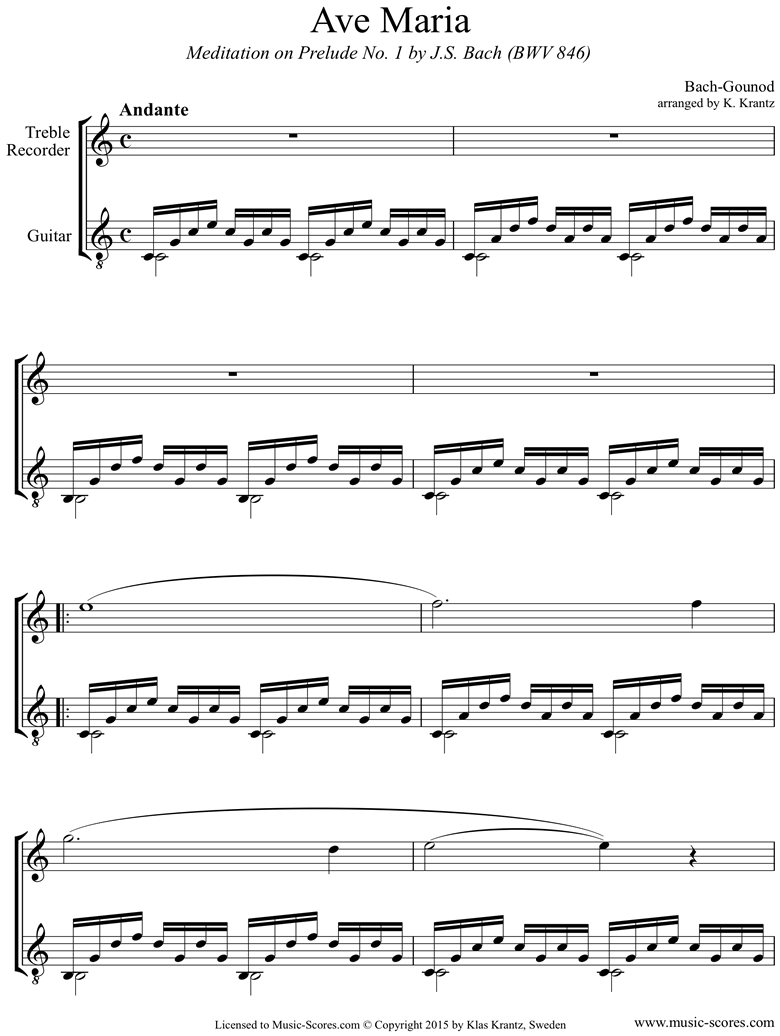 Front page of Ave Maria: Treble Recorder, Guitar sheet music