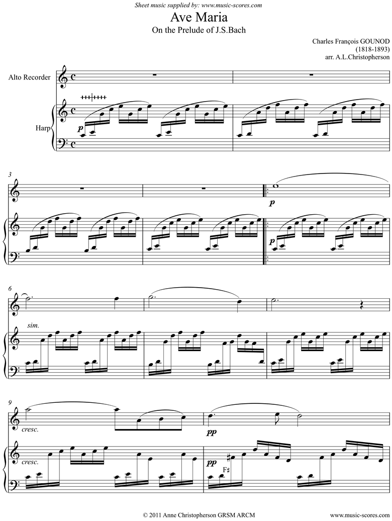 Front page of Ave Maria: Alto Recorder and Harp sheet music