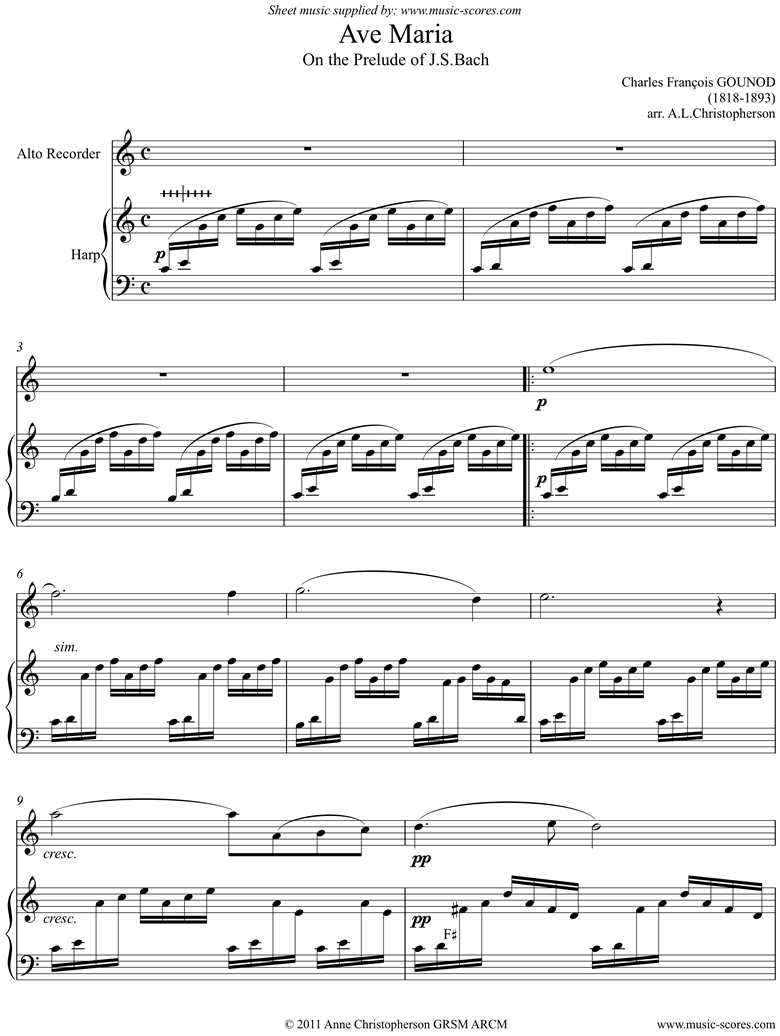 Ave Maria: Alto Recorder and Harp by Gounod