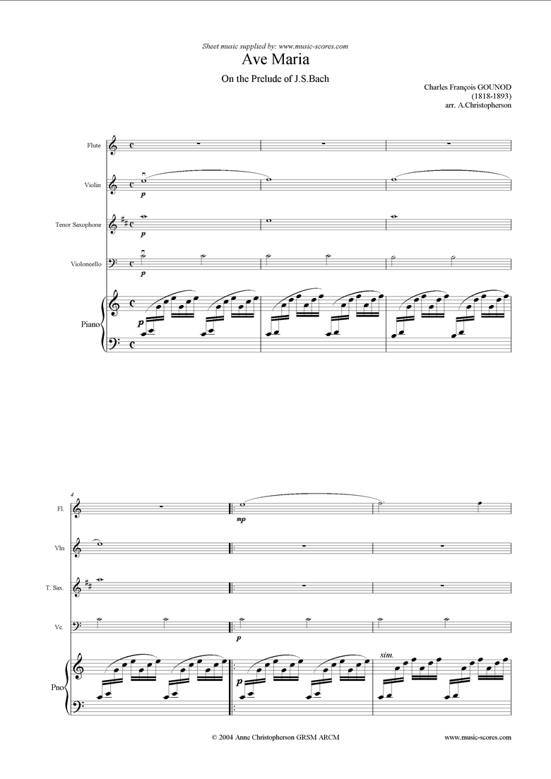 Front page of Ave Maria: Fl, Vn, Ten. Sax, Easier Cello, Piano sheet music