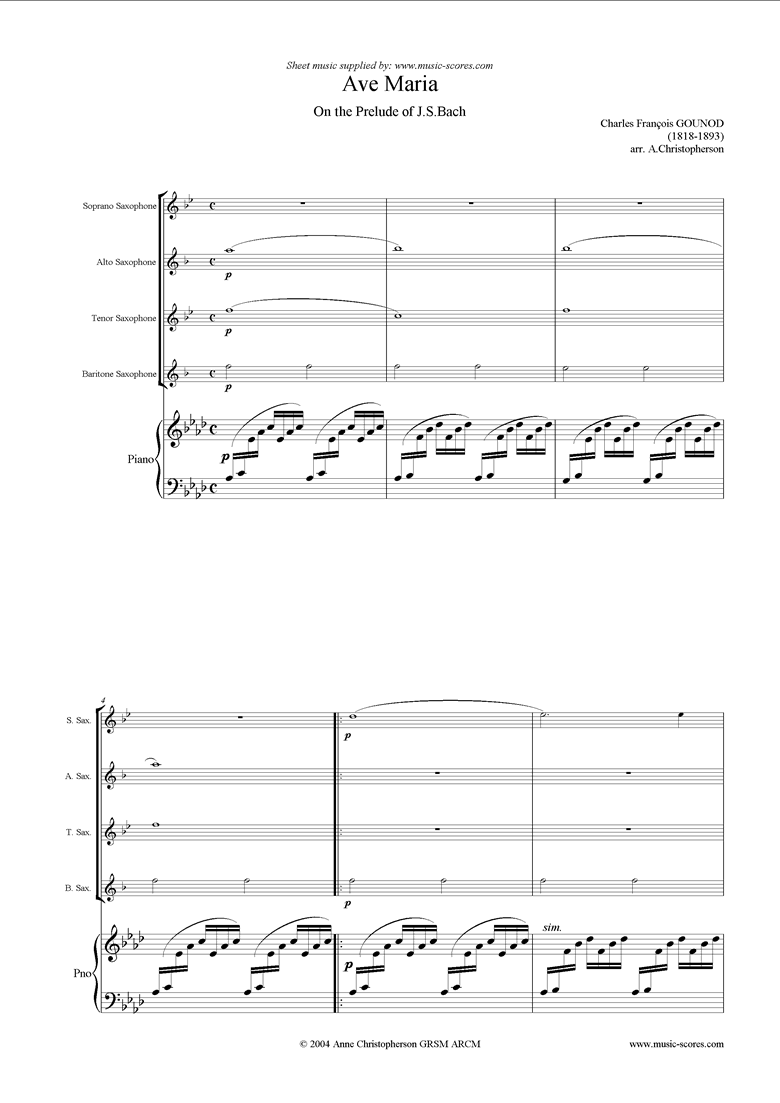 Front page of Ave Maria: Soprano, Alto, Tenor, Baritone, piano sheet music