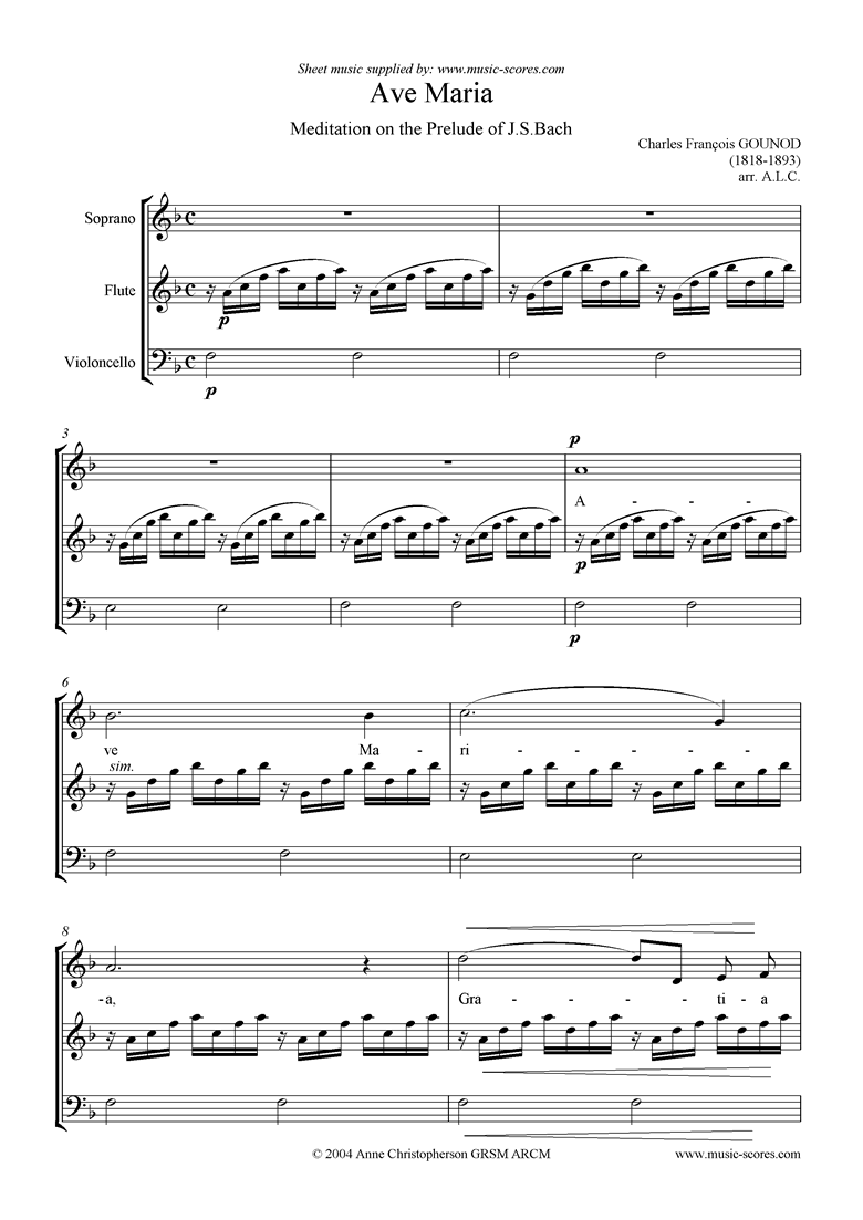 Front page of Ave Maria: Soprano voice, flute and Cello sheet music