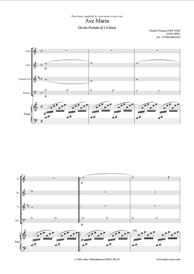 Front page of Ave Maria: Flute, Oboe, Clarinet, Bassoon, Piano sheet music