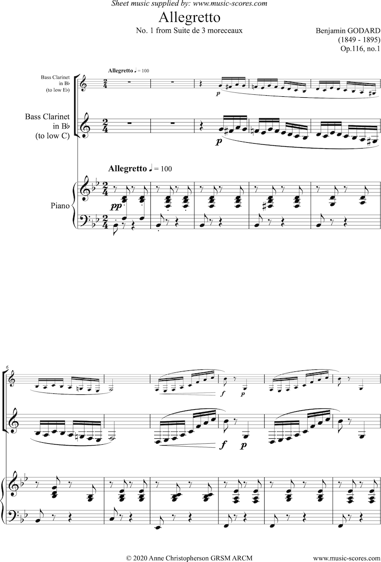 Front page of Op.116a Allegretto: Bass Clarinet and Piano sheet music