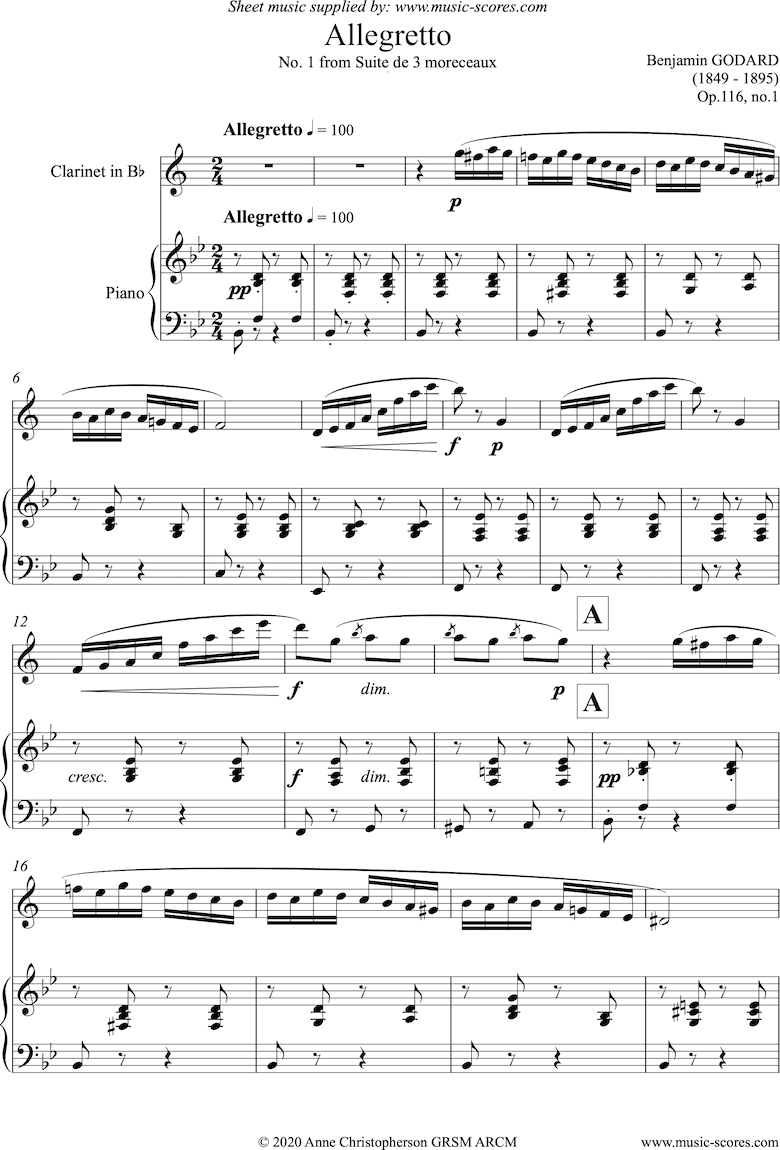 Front page of Op.116a Allegretto: Clarinet and Piano sheet music