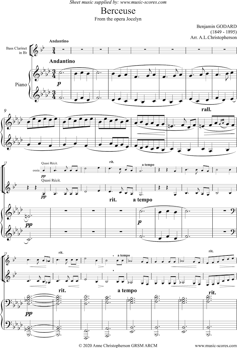Front page of Jocelyn: Berceuse: Bass Clarinet and Piano sheet music