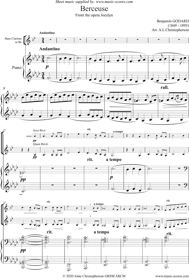 Jocelyn: Berceuse: Bass Clarinet and Piano by Godard
