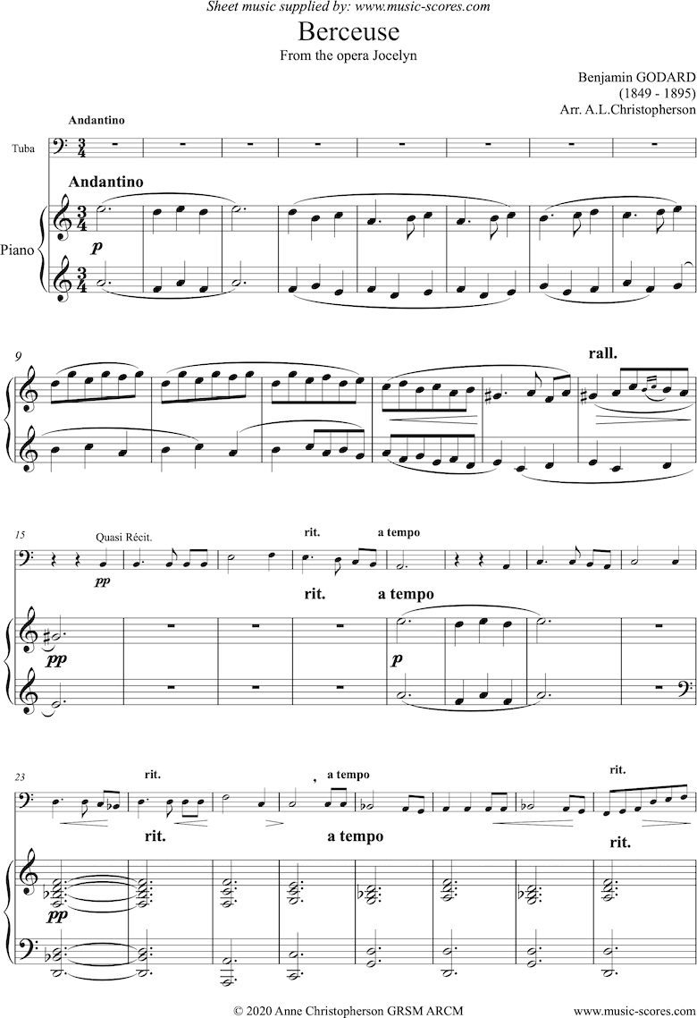 Front page of Jocelyn: Berceuse: Tuba and Piano sheet music