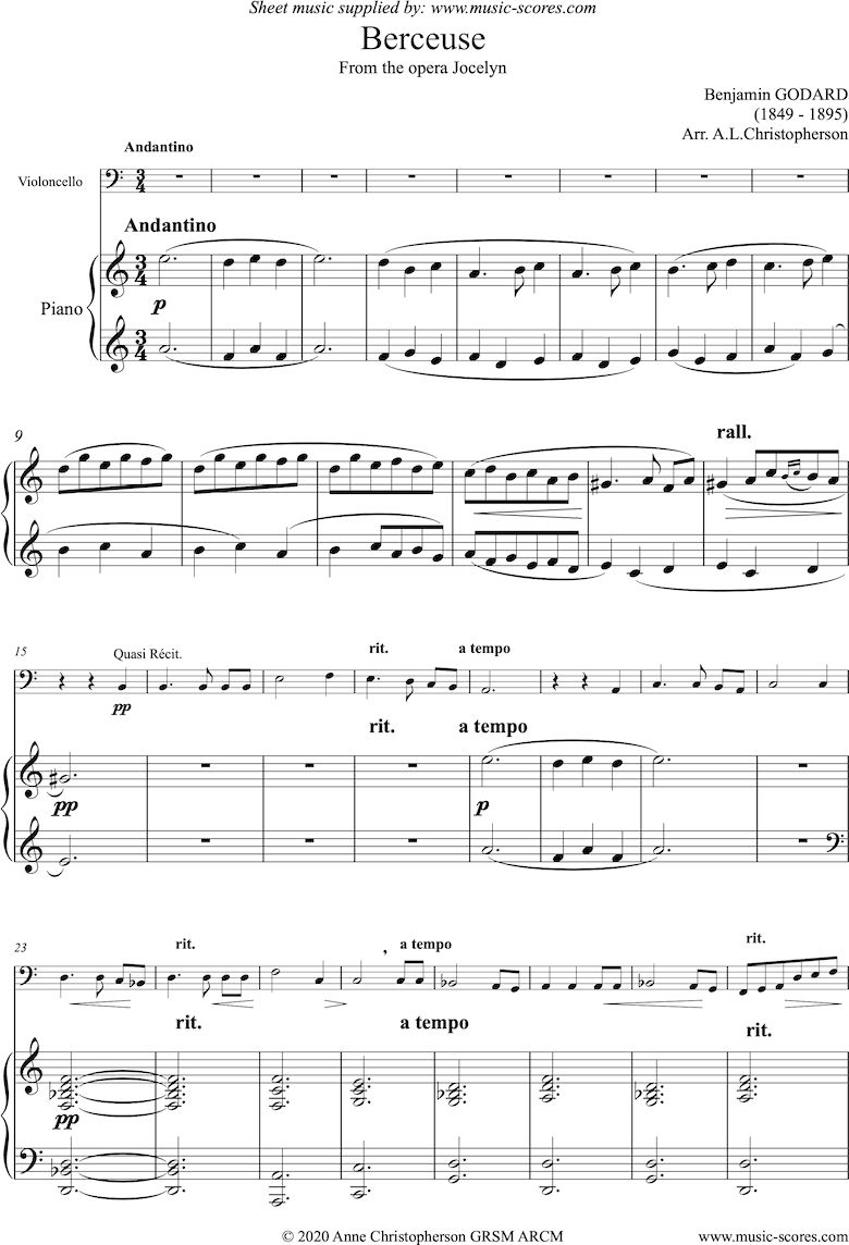 Front page of Jocelyn: Berceuse: Cello and Piano sheet music