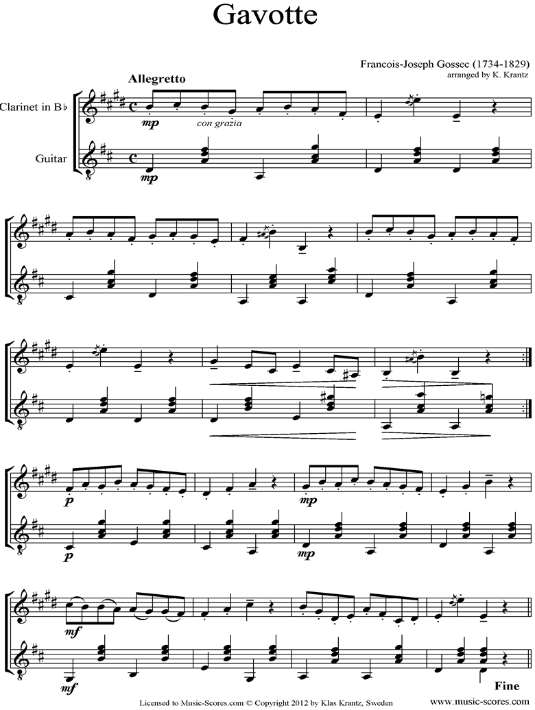 Front page of Gavotte: Clarinet, Guitar sheet music