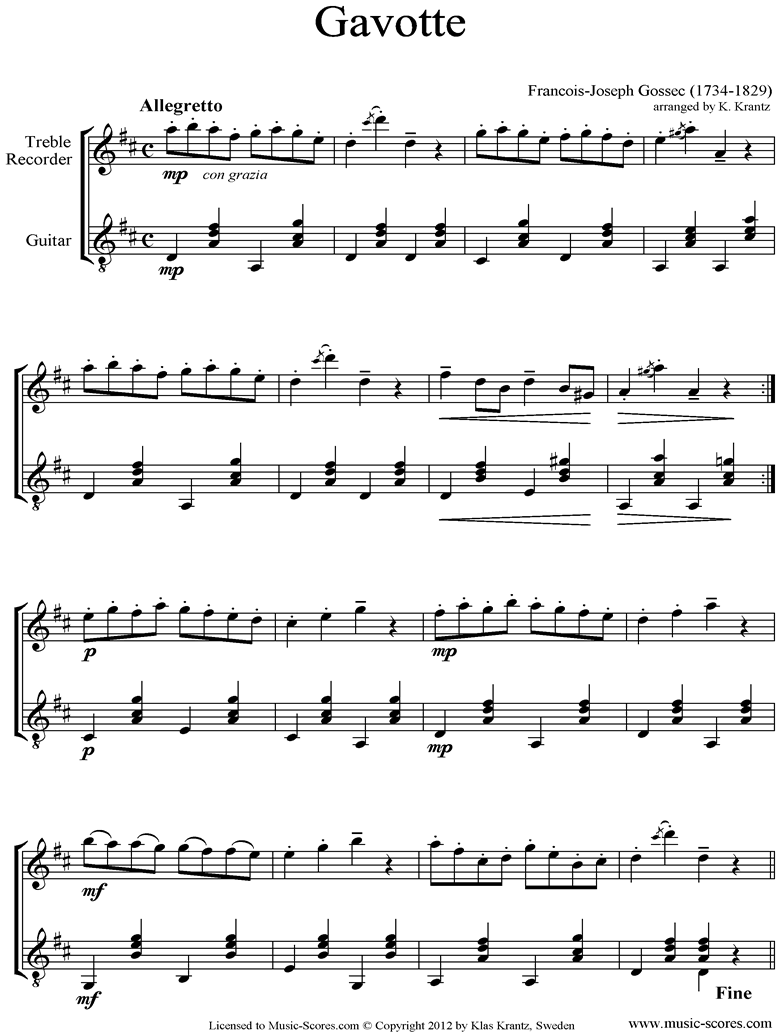 Front page of Gavotte: Treble Recorder, Guitar sheet music