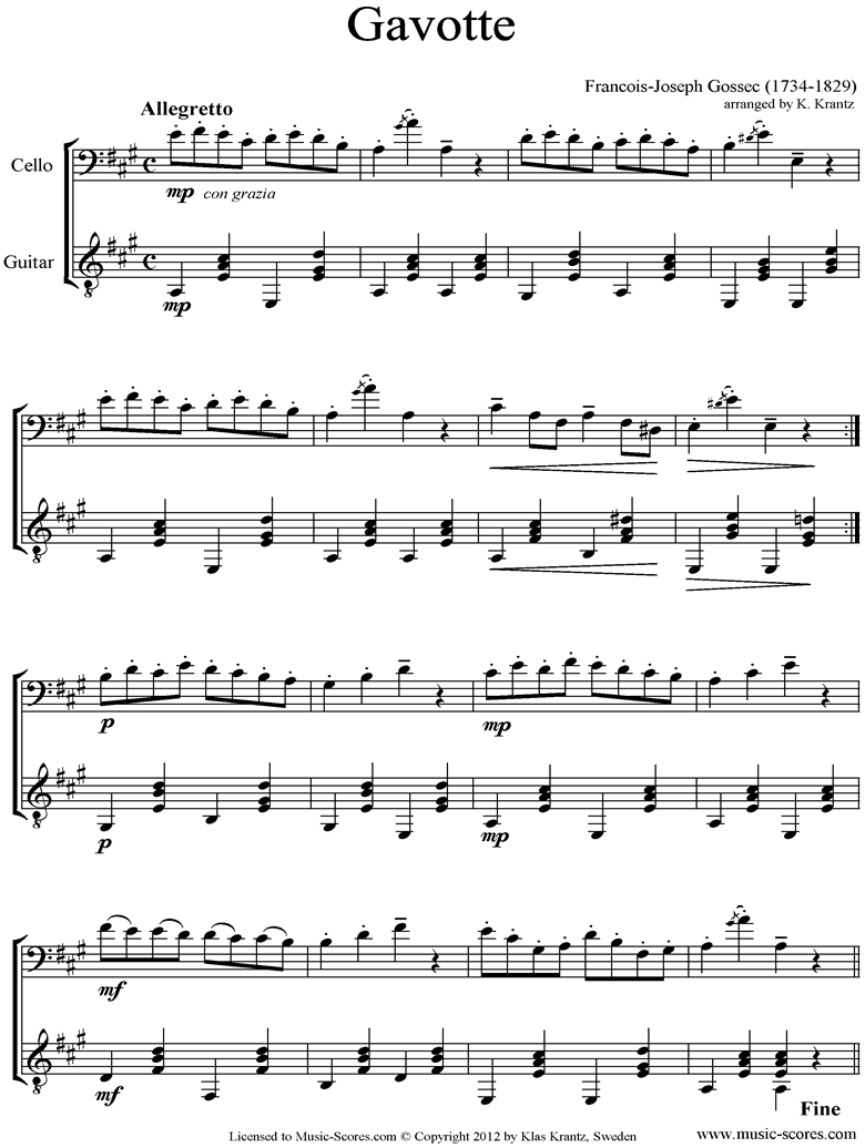 Front page of Gavotte: Cello, Guitar sheet music