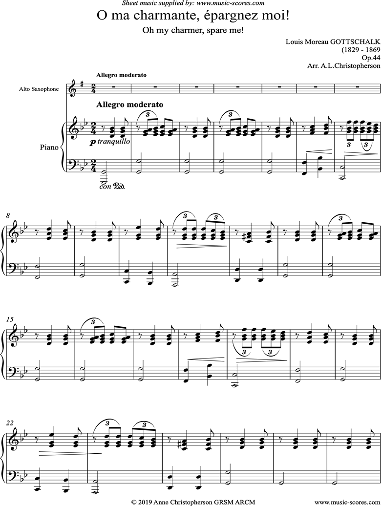 O ma charmante, epargnez moi: Alto Sax by Gottschalk
