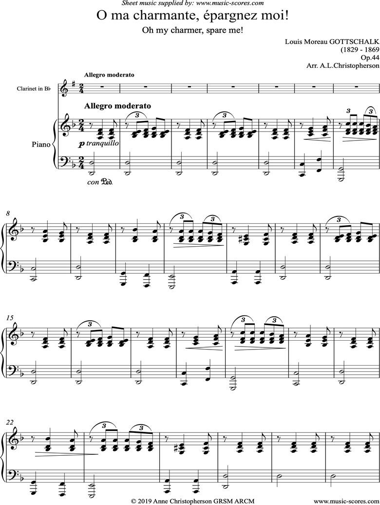 Front page of O ma charmante, epargnez moi: Clarinet sheet music