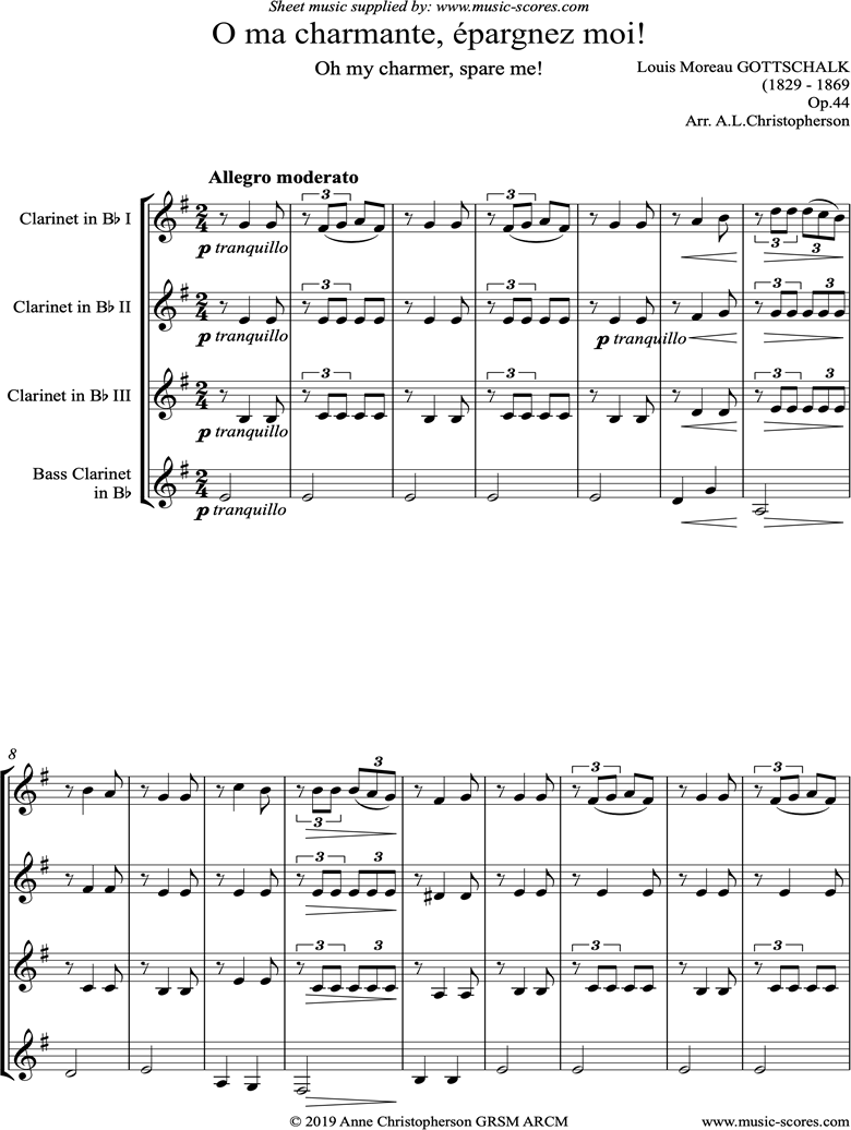 Front page of O ma charmante, epargnez moi: Clarinet Quartet sheet music