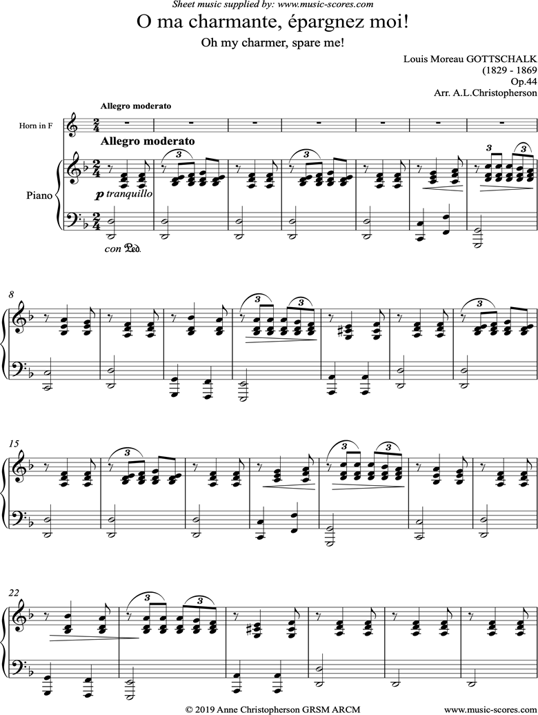 Front page of O ma charmante, epargnez moi: French Horn sheet music