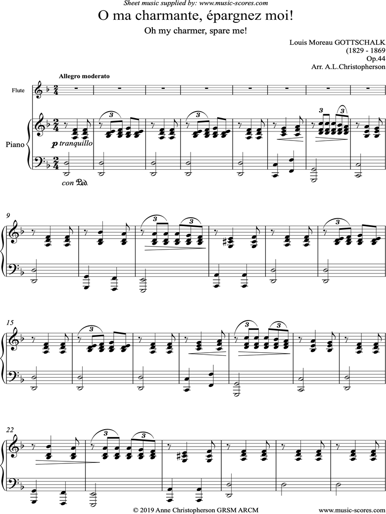 Front page of O ma charmante, epargnez moi: Flute sheet music