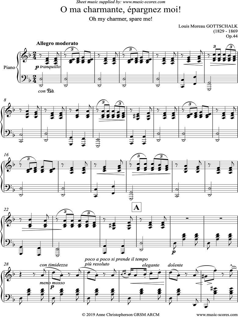 O ma charmante, epargnez moi: Piano by Gottschalk