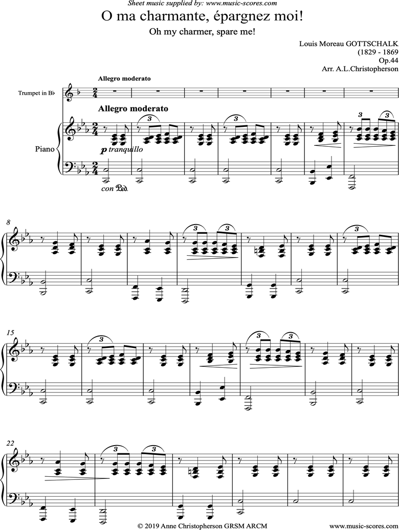 Front page of O ma charmante, epargnez moi: Trumpet sheet music