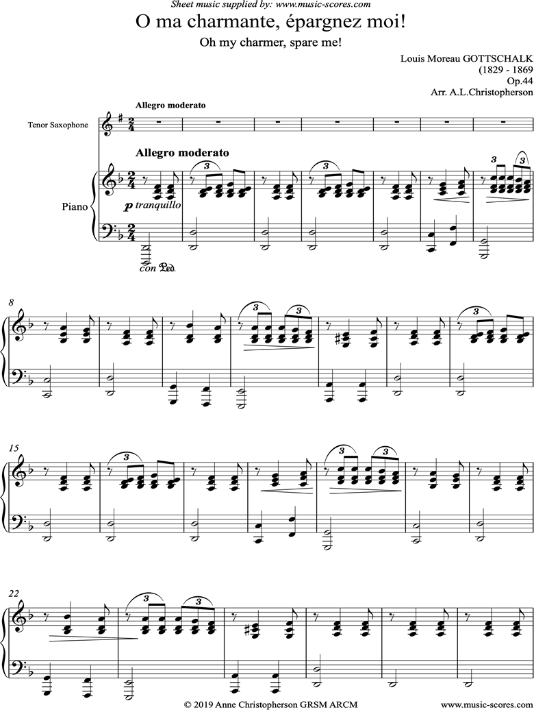 Front page of O ma charmante, epargnez moi: Tenor Sax sheet music