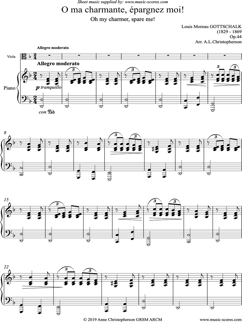 Front page of O ma charmante, epargnez moi: Viola sheet music