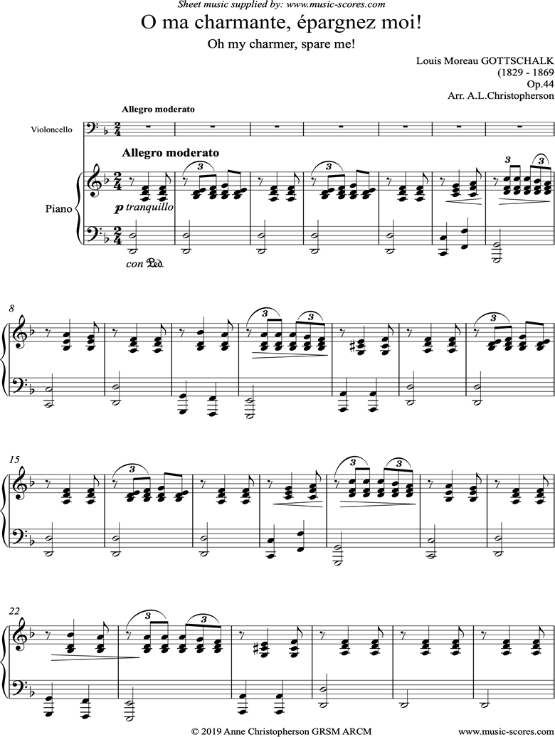 Front page of O ma charmante, epargnez moi: Cello sheet music