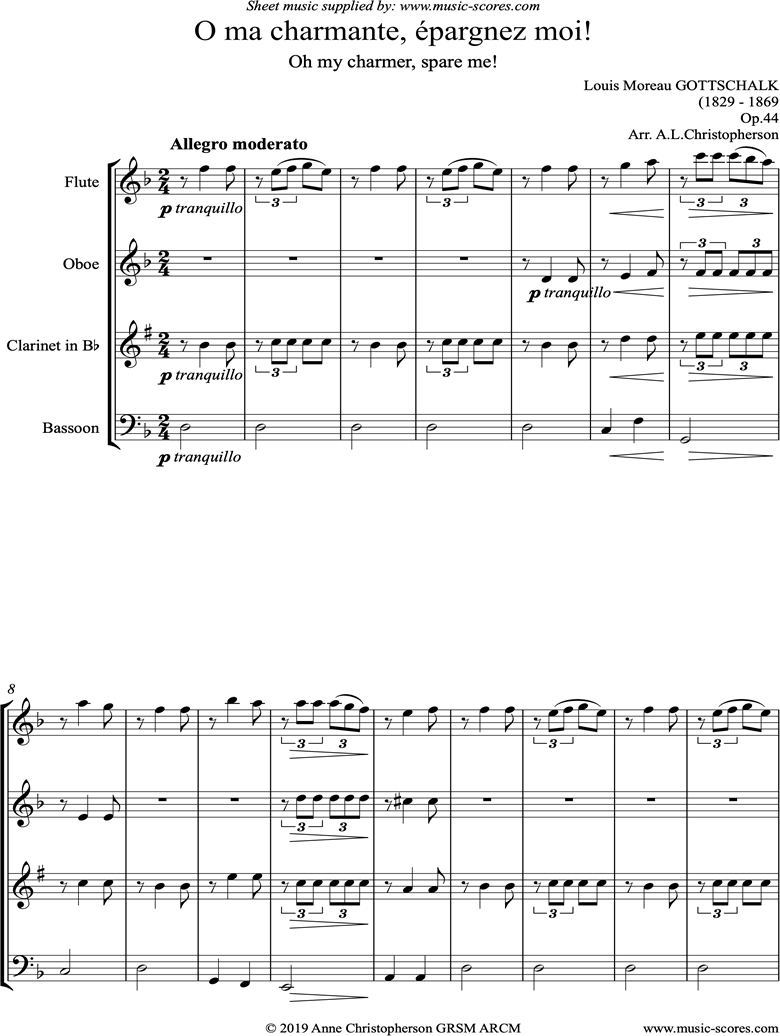 Front page of O ma charmante, epargnez moi: Wind Quartet sheet music